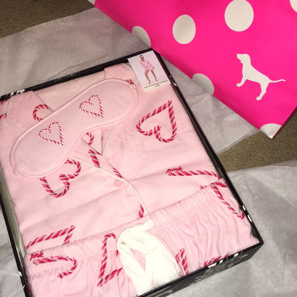 COPY - Vs Pink Candy Cane pajama shorts sleep mask set L